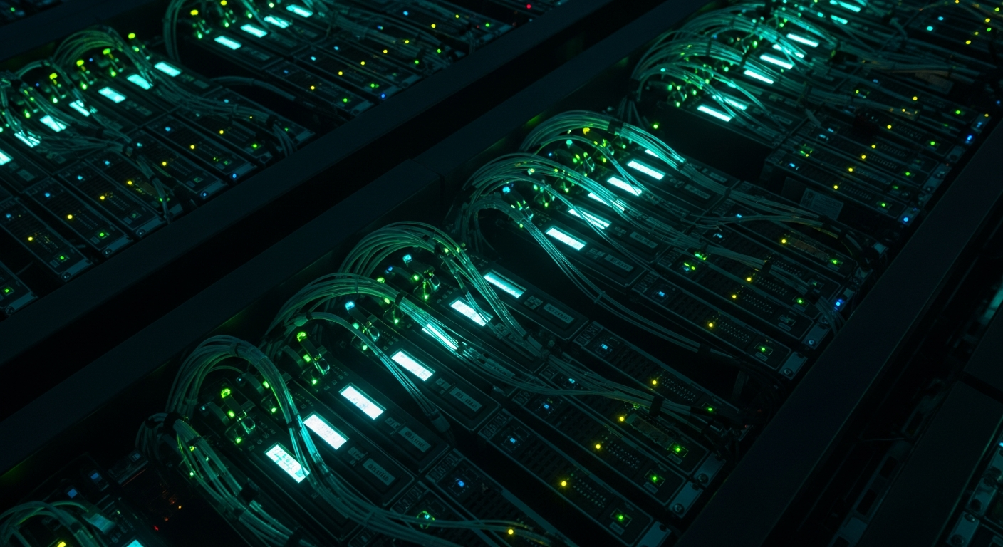 Server rack with teal indicator lights — visual metaphor for HomeLab's 56-core self-healing cluster