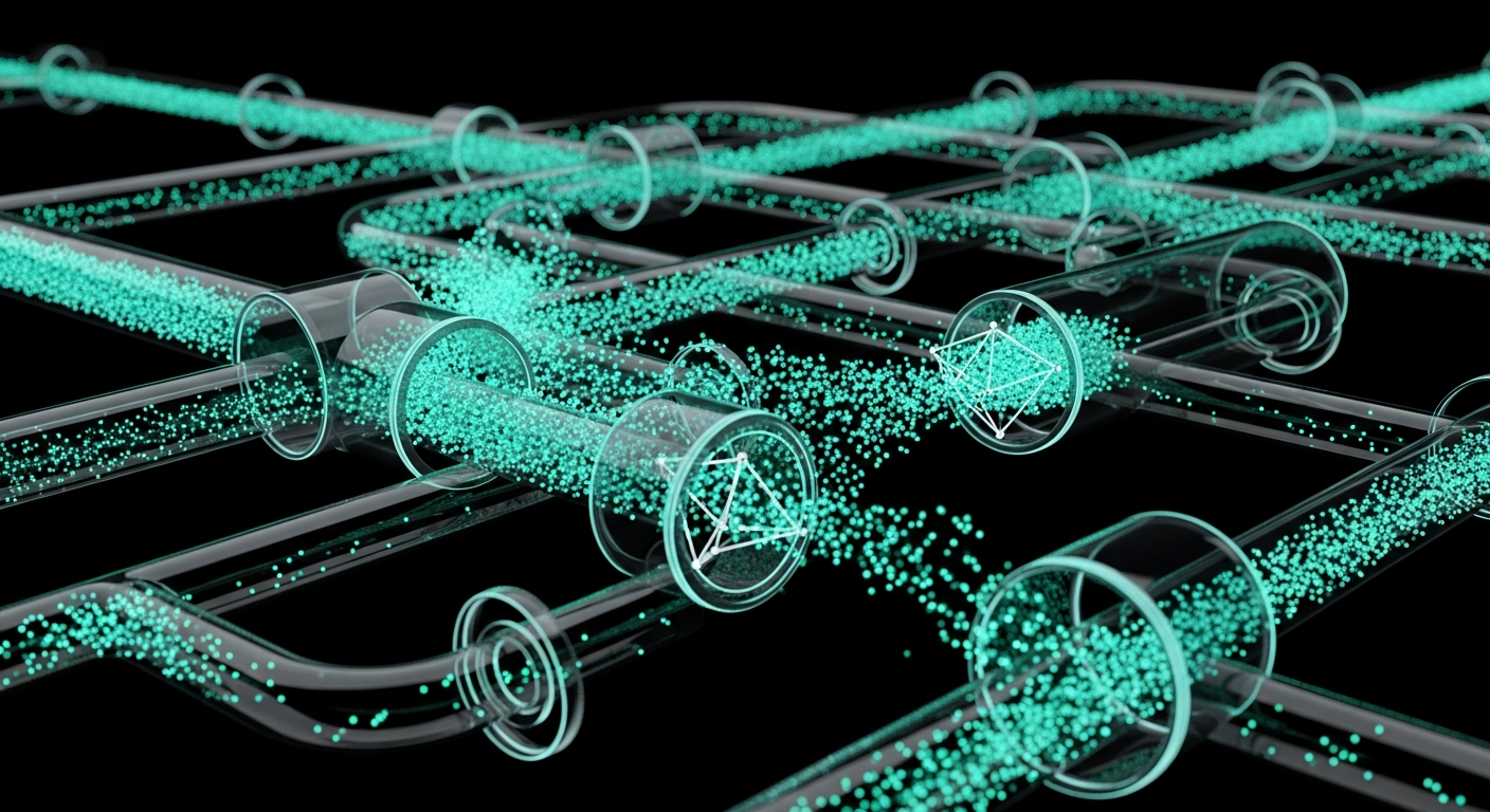 Data flowing through transparent processing pipelines — visual metaphor for PlanetFeed's real-time news aggregation