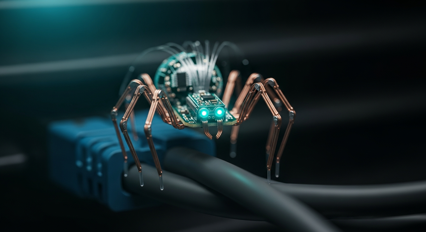 Mechanical spider traversing network cables — visual metaphor for PlanetScraper's autonomous web crawlers